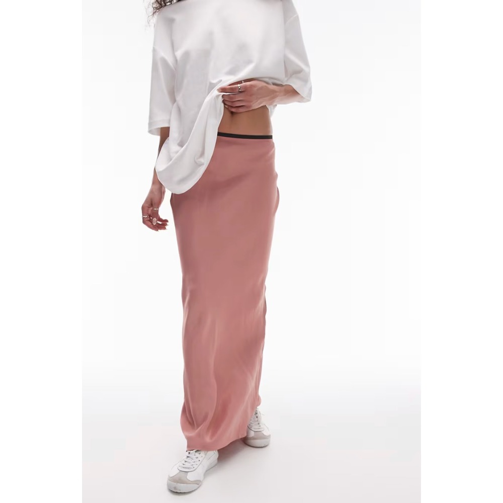Topshop Satin Maxi Bias Skirt with Elastic Trim in Salmon Pink Viscose Women's 6